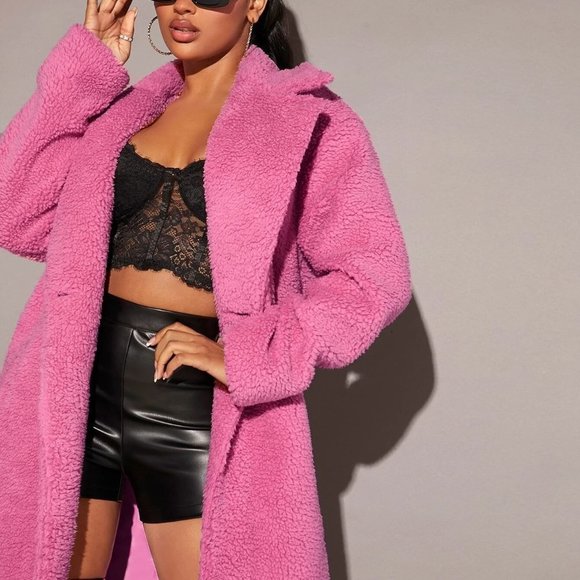 Pink Casual Womens Lapel Neck Double Button Teddy Coat - Picture 4 of 5